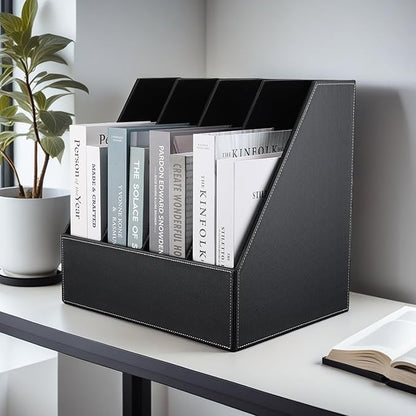 KINGFOM 4-Slot Wood Leather Document Files Holder Rack Stand Desk Files Organizer Papers Collection Cabinet (4 slot Black)
