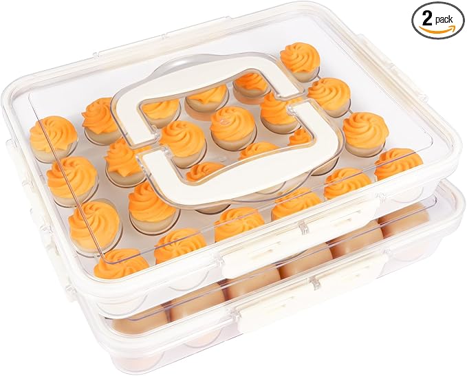 Deviled Egg Containers with Lid, 2 Pack Thick Clear Plastic Deviled Carrier with Handle Storage 48 Eggs, Stackable Egg Holder Portable Tray Platter for Fridge, Travel, Party-White