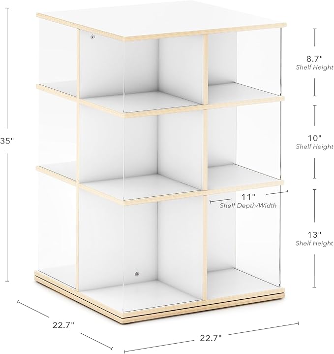 EdQ Rotating Big Book Display–White: 3-Tier Montessori Wooden Bookshelf for Kids' Room, 360° Spinning Bookcase with Acrylic Shelves for Home, Playroom, Classroom Storage & Homeschool Organization