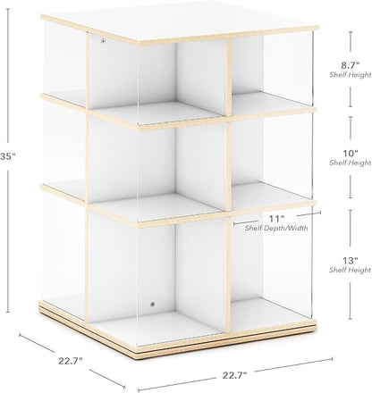 EdQ Rotating Big Book Display–White: 3-Tier Montessori Wooden Bookshelf for Kids' Room, 360° Spinning Bookcase with Acrylic Shelves for Home, Playroom, Classroom Storage & Homeschool Organization