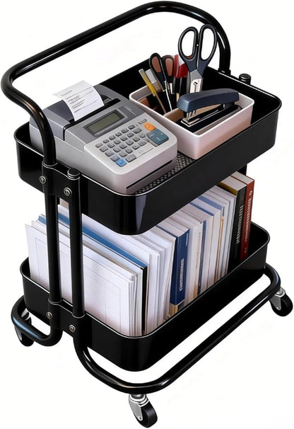 2 Tier Rolling Utility Cart with Wheels All-Metal Short Pantry Cart Under Desk Storage Trolley with Handle, Small Rolling Storage Shelf for Small Space Kitchen Laundry Room Bathroom, Black