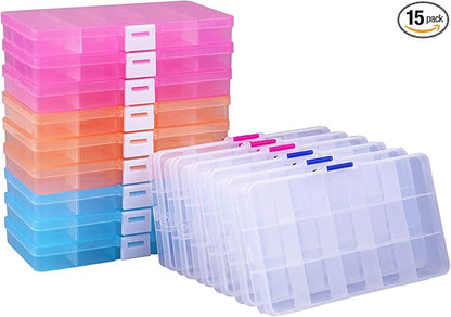 Lawei 15 Pack Plastic Jewelry Box - 15 Grid Organizer Storage Box with Adjustable Dividers Plastic Compartment Container for Bead Jewelry Craft Tackles