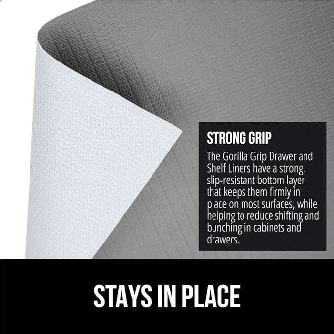 GORILLA GRIP DripGuard Shelf Liner, Non Adhesive Drawer and Kitchen Cabinet Protector, Slip Resistant BPA Free Smooth Surface Plastic Liners for Cabinets, Bathrooms, Closets, 12x120 Inch, Gray