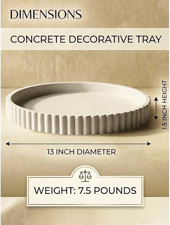 Vivere Home 13-Inch Concrete Round Tray Home Decor for Coffee Table Decor - Round Coffee Table Tray - Circular Kitchen Island Trays - Decorative Trays- Gray