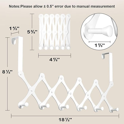 SCUNDA Expands Over The Door Hook Rack, Heavy Duty No Drill Hooks for Bathroom, Bedroom, Kitchen, Closet - Over The Door Hanger for Towels, Robes, Bags, Coats(White)