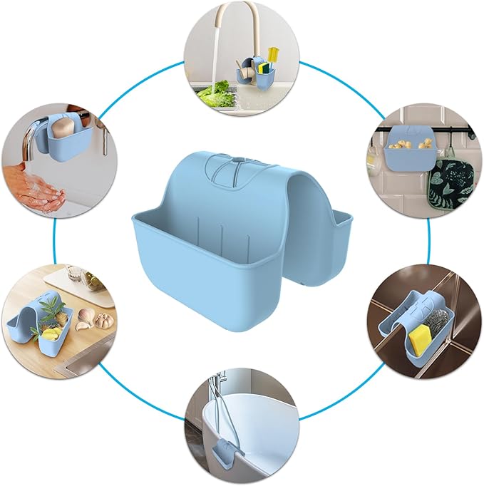 OKeanu Sponge Holder for Kitchen Sink, Silicone Sink Saddle Caddy Organizer Rack, Sponges Holder Over Faucet, Hanging Kitchen Organizer Accessories Rack Basket - Light Blue