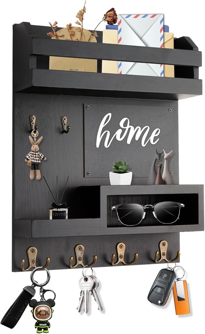 Large Key and Mail Holder Wall Mount, 12.5x16.5 Inch Solid Wood Key Racks for Entryway, Front Door, Hallway, Wall Organizer (Matte Black)