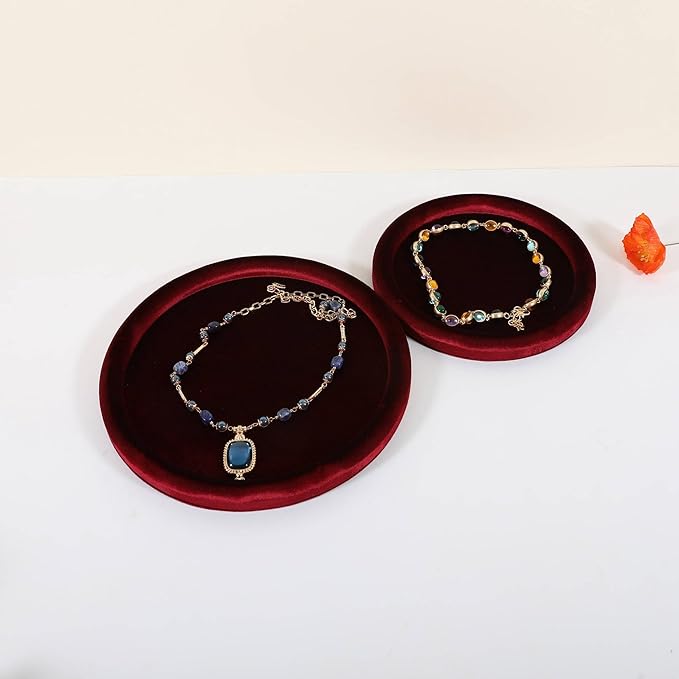 GemeShou Round Jewelry Organizer Plate, Top Microfiber Velvet Jewelry Display Tray, Empty Jewelry Showcase Tray for Necklaces, Bracelets, Rings, Earrings (Red-Large, 9.8 x 9.8 in)