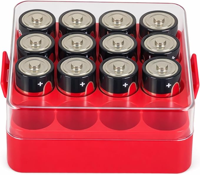 ALCYON Battery Organizer Storage Case, Battery Vault Box Container for 16pcs C Batteries, Plastic Clear Protective Battery Holder for Travelling/Home/Office (Red,Medium)