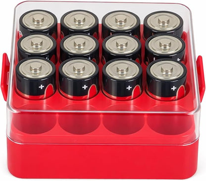 ALCYON Battery Organizer Storage Case, Battery Vault Box Container for 16pcs C Batteries, Plastic Clear Protective Battery Holder for Travelling/Home/Office (Red,Medium)