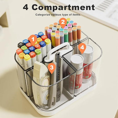 Small Plastic Portable Caddy with Handle, Stackable Pen Holder 4 Compartments, Clear Pencil Organizer for Art Supplies, Crafts, Colored Pencils, Stationery, Markers