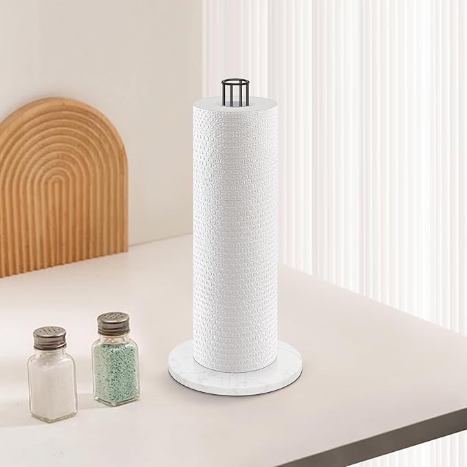 NearMoon Paper Towel Holder Countertop, Sturdy Metal Paper Towel Stand Dispenser with Marble Base, Standard or Jumbo-Sized for Kitchen Counter, Farmhouse, Living Room, Matte Black