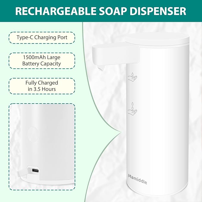 Mamiddle Automatic Soap Dispenser Stainless Steel with Sensor Infrared Soap Dispenser Electric IPX5 Waterproof USB-C Charging Motion Sensor for Kitchen & Bathroom (White)