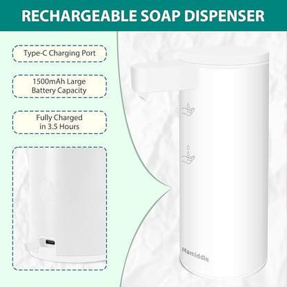 Mamiddle Automatic Soap Dispenser Stainless Steel with Sensor Infrared Soap Dispenser Electric IPX5 Waterproof USB-C Charging Motion Sensor for Kitchen & Bathroom (White)
