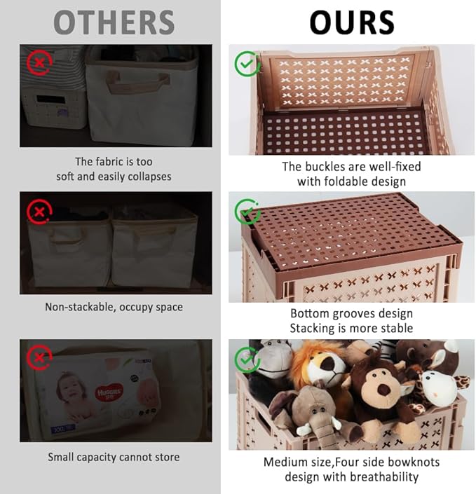 Stackable Plastic Closet Storage Basket, 2 Pack Foldable Closet Organizers and Storage Bins, Decorative Basket for Closet, Shelves, Laundry, Wardrobe Organizing (Khaki Coffee)