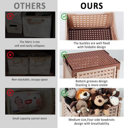 Stackable Plastic Closet Storage Basket, 2 Pack Foldable Closet Organizers and Storage Bins, Decorative Basket for Closet, Shelves, Laundry, Wardrobe Organizing (Khaki Coffee)