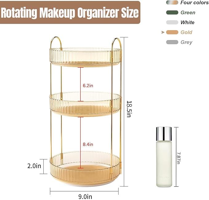Weidace 360 Rotating Makeup Organizer for Vanity, Bathroom Countertop Spinning Perfume Organizer, High-Capacity Cosmetic and Skincare Dresser Make Up Holder Rack (3 Tiers, Yellow)