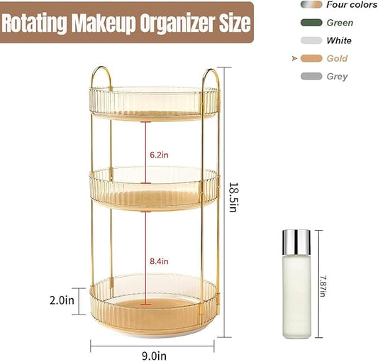 Weidace 360 Rotating Makeup Organizer for Vanity, Bathroom Countertop Spinning Perfume Organizer, High-Capacity Cosmetic and Skincare Dresser Make Up Holder Rack (3 Tiers, Yellow)