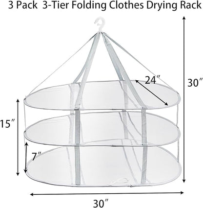 Jucoan 3 Pack 3-Tier Lay Flat Sweater Drying Rack, Folding Mesh Clothes Drying Rack for Toys, Sweaters, Delicates