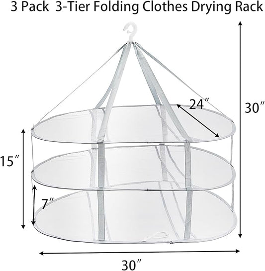 Jucoan 3 Pack 3-Tier Lay Flat Sweater Drying Rack, Folding Mesh Clothes Drying Rack for Toys, Sweaters, Delicates