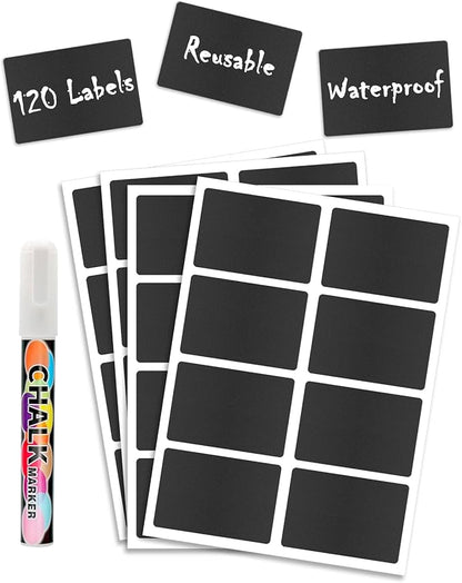 120 Pcs Chalkboard Labels - Removable Chalkboard Stickers for Jars, Pantry & Storage Bins, Glass Bottles & Food Labels - Includes 1 Chalk Marker Pen