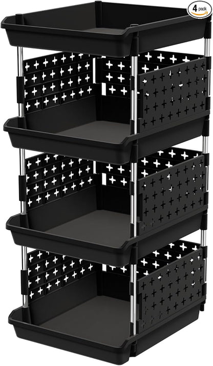 Lifewit Plastic Stackable Storage Baskets, 4 Tier Stacking Bins for Food and Clothes, Multifunctional Organizer for RV, Kitchen, Playroom, Pantry, Black, 35 x 30 x 72 cm/14 x 12 x 28 inch, 1 Pack