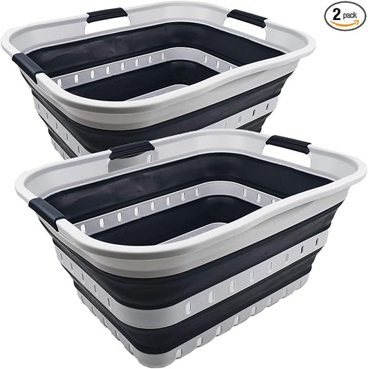 SAMMART 42L (11 gallon) Collapsible Plastic Laundry Basket - Foldable Pop Up Storage Container/Organizer - Portable Basket - Space Saving Hamper (Grey/Slate Grey (Set of 2))
