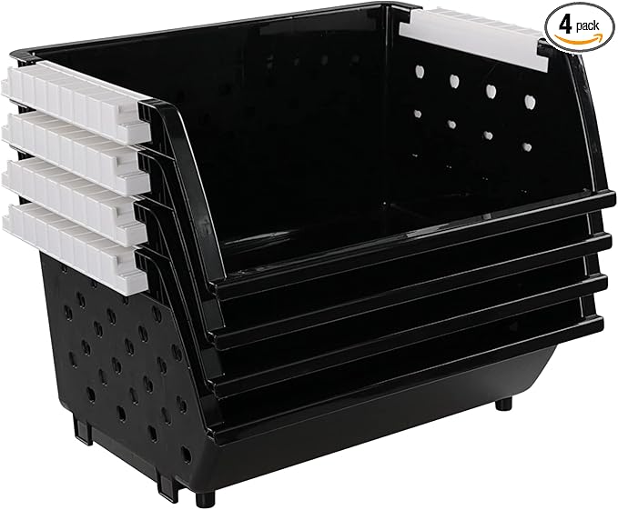 4-Pack Plastic Stacking Storage Basket, Stackable Organizer Baskets Bin, Black
