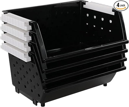 4-Pack Plastic Stacking Storage Basket, Stackable Organizer Baskets Bin, Black
