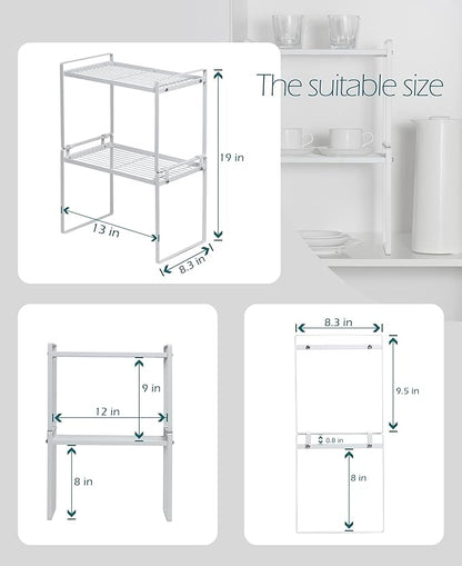 2pk Kitchen Cabinet Shelf Counter Organizer Rack Pantry Storage Bathroom Bedroom Office Table Desk Space Saving Steel Frame Stackable Rust Resistant Non Slip White-Tall- L13in W8.3in H9.5in