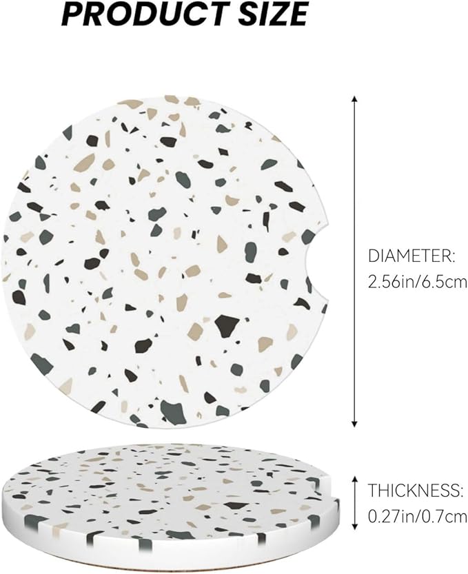 Terrazzo Marble Car Cup Holder Coaster 2 Pack Absorbent Ceramic Car Coasters for Cup Holders Car Accessories Interior for Women Men Universal Anti Slip Cork Base Cup Coasters with Finger Notch