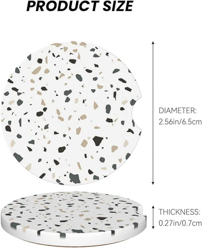 Terrazzo Marble Car Cup Holder Coaster 2 Pack Absorbent Ceramic Car Coasters for Cup Holders Car Accessories Interior for Women Men Universal Anti Slip Cork Base Cup Coasters with Finger Notch