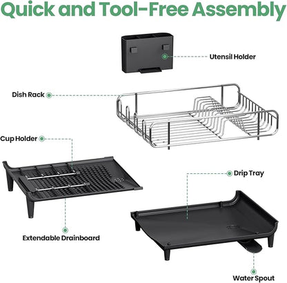 TOOLF Dish Drying Rack - Large Expandable Dish Rack for Kitchen Counter, Stainless Steel Dish Drainer for Kitchen Organization with Cutlery ＆ Cup Holder, Black