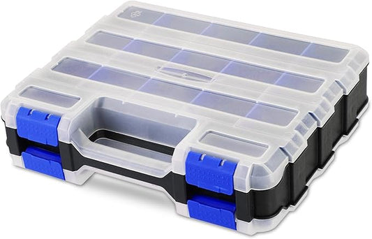 Small Parts Organizer | Storage Case Tools Box 34-Compartments Double Side Organizer Box with Removable Dividers for Small Hardware, Screws, Bolts, Nuts, Nails, Beads (Blue)