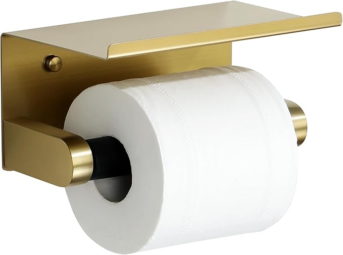 Alise Toilet Paper Holder Adhesive Toilet Paper Roll Holder SUS304 Stainless Steel Toilet Paper Holder with Shelf Spring Loaded Tissue Holder Wall Mount(Adhesive or Screw),Gold and Black Finish