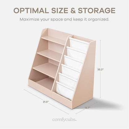 Comfy Cubs Kids Bookshelf 35.2 x 15.7 x 31.5 Inches - Sturdy MDF Montessori Book Shelf with Soft & Hard Shelves for Toys & Books - Child-Friendly, Easy Access Storage Organizer for Kids - Blush