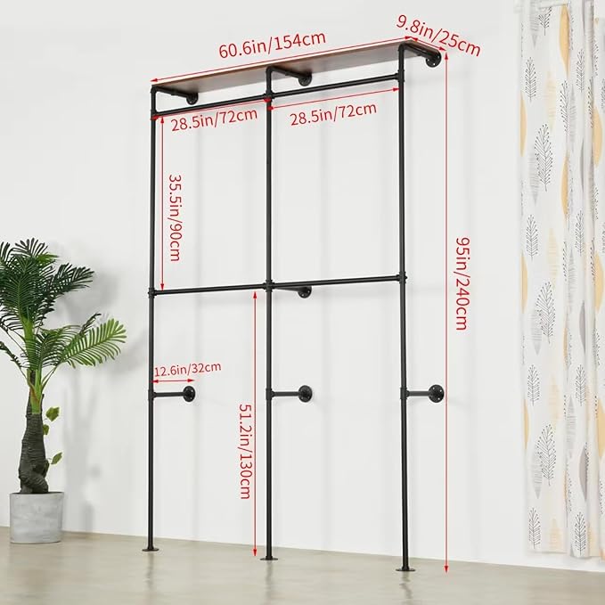Garment Rack Heavy Duty Racks, Modern Simple Industrial Pipe Double Hanging Rods Clothing with Shelves, Freestanding Portable Wardrobe Closet Rack for Hanging Clothes, 93in Black