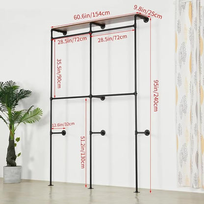 Garment Rack Heavy Duty Racks, Modern Simple Industrial Pipe Double Hanging Rods Clothing with Shelves, Freestanding Portable Wardrobe Closet Rack for Hanging Clothes, 93in Black