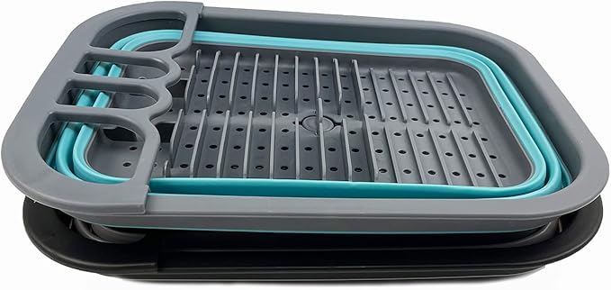 SAMMART 7.3L (1.9 Gallon) Collapsible Dish Drainer with Drainer Board - Foldable Drying Rack Set - Portable Dinnerware Organizer-Space Saving (Alloy Grey + Crystal Blue (Set of 2))