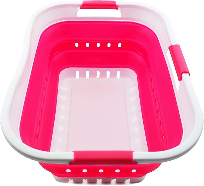 SAMMART 30L (8 gallon) Collapsible 3 Handled Plastic Laundry Basket - Foldable Pop Up Storage Container/Organizer - Portable Washing Tub - Space Saving Hamper/Basket (White/Rose Pink)