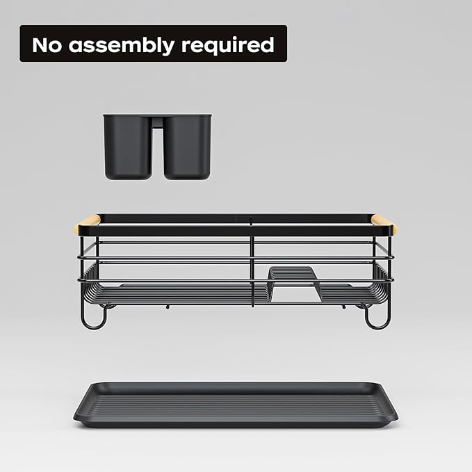 jouzevic Dish Racks for Kitchen Counter: Wooden Handles, Thickened Metal, No Assembly. Small Dish Drying Rack: Ideal for Small Households. Drying Rack Kitchen: Black