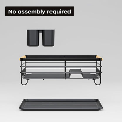 jouzevic Dish Racks for Kitchen Counter: Wooden Handles, Thickened Metal, No Assembly. Small Dish Drying Rack: Ideal for Small Households. Drying Rack Kitchen: Black