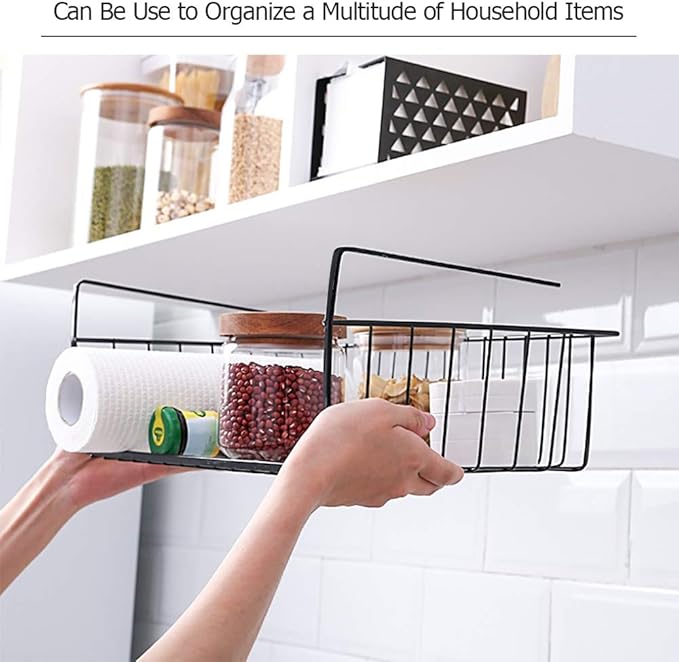 4 Pack Under Shelf Basket, Under Cabinet Organizer Shelf, Durable Metal Wire Rack Hanging Basket Storage Rack, Shelf Organizing for Kitchen/Pantry/Bathroom/Desk-Slide Arms Height:1.45in(Black)
