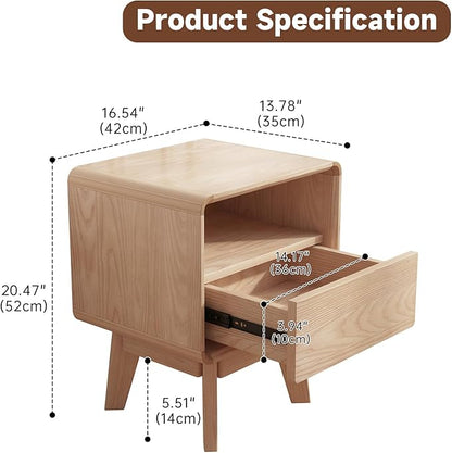 NKGIAG Solid Wood Nightstand, Mid-Century Modern Night Stand with Drawer & Open Shelf, Compact Bedside Tables for Bedroom, Office, Small Spaces, Light Natural Finish, Pre-Assembled