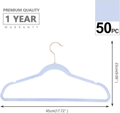 MIZGI Premium Velvet Hangers (50 Pack) Heavy Duty - Non Slip Felt Hangers - Velvet Suit Hanger Light Blue - Rose Gold Hooks,Space Saving Clothes Hanger
