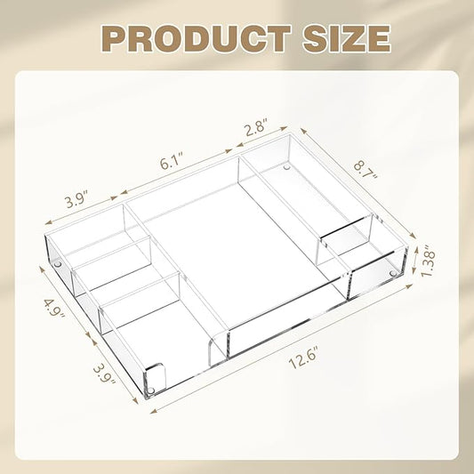 Briwooody 2 Pcs Clear Acrylic Desk Drawer Organizer 12 x 8 x 1.77 Inch Drawer Organizer Trays with 6 Compartments Desk Accessories for Office Makeup Silverware Bathroom