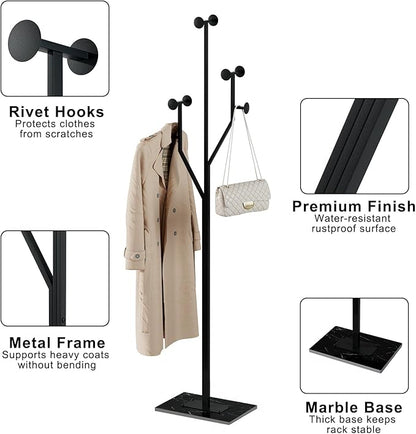Coat Rack Stand, Freestanding Metal Coat Rack with Sturdy Marble Base, Modern Standing Coat Rack Tree for Entryway, Bedroom, Office & Hallway, Space-Saving Design, Black, 68.9 Inches Tall