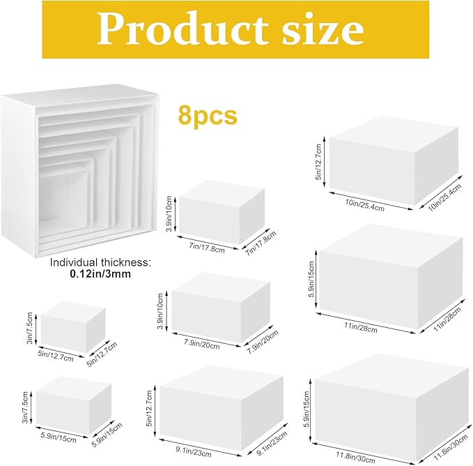 Acrylic Buffet Food Risers, 8 Pcs White Dessert Table Display Set for Catering and Event Setup, Sturdy Acrylic Display Stands for Food, Desserts, Jewelry and Decor, Includes Sizes 5", 6", 7", 8", 9", 10", 11", 11.8"