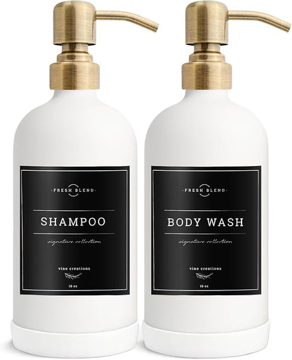Vine Creations White Glass Soap Dispenser, 2 Pack Kitchen Soap Dispenser Set with Stainless Steel Pump, 16 oz Dish Soap and Hand Soap Dispensers for Bathroom with Waterproof Labels