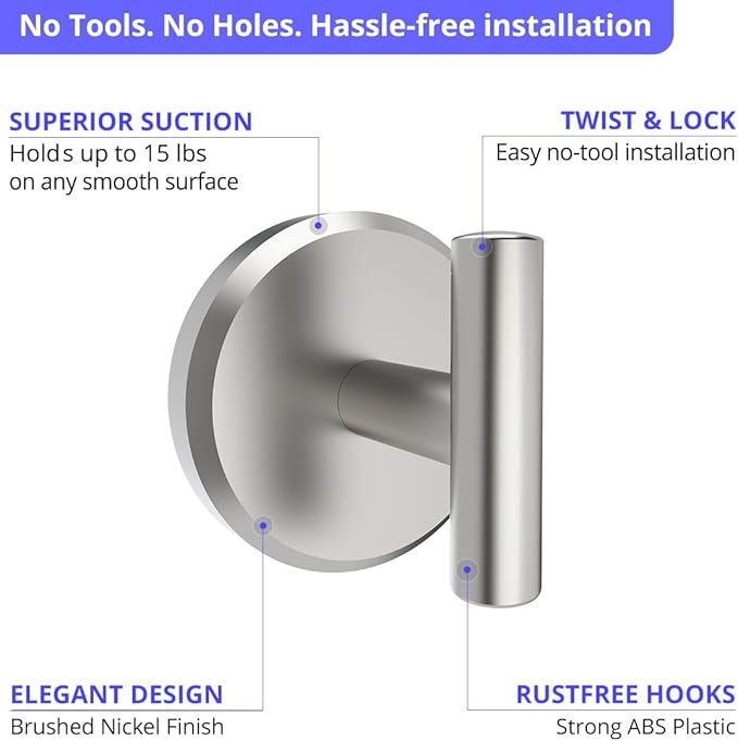 HOME SO Suction Cup Hooks T Shape (2 or 4 Pack) (Brushed Nickel, 2, Count)